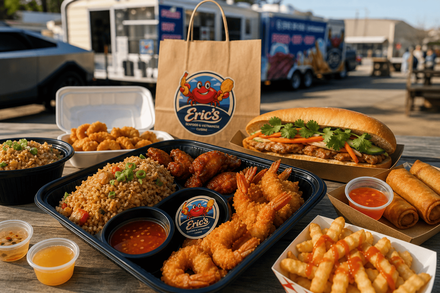 Best Local Takeout Guide in Jacksonville, NC: Food Truck Meals Made Fresh 2 Eric’s Seafood takeout lunch with bánh mì wings fried shrimp and sides