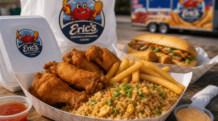Balanced food truck order with seafood, rice, and sides from Eric’s Seafood