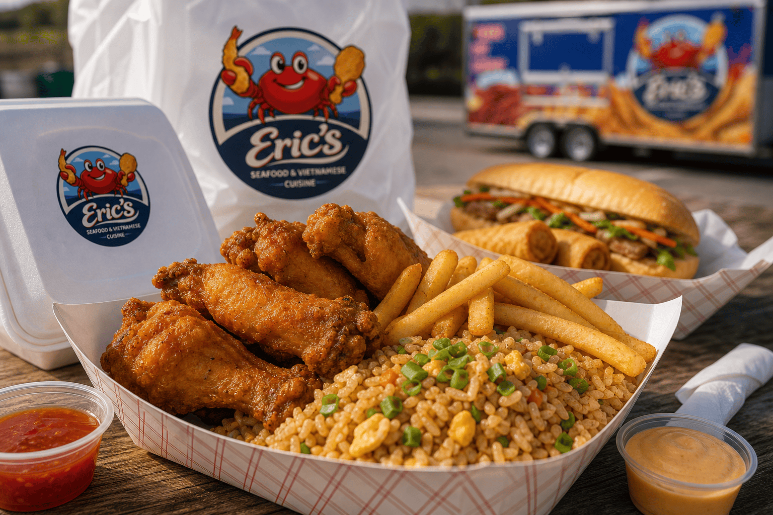 Balanced food truck order with seafood, rice, and sides from Eric’s Seafood