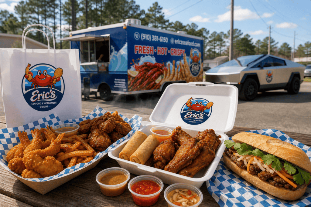 Eric’s Seafood takeout meal with rice, sides, and shareable food truck options
