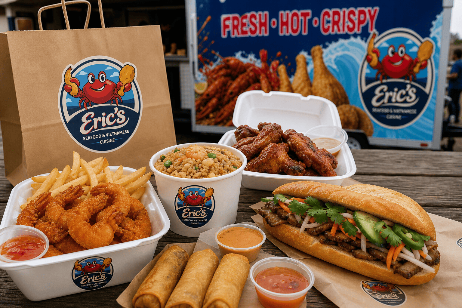 Jacksonville, NC Food Truck Menu Guide: Seafood, Wings, Bánh Mì & Fried Rice 3 Eric’s Seafood menu spread with fried rice bánh mì egg rolls shrimp and wings