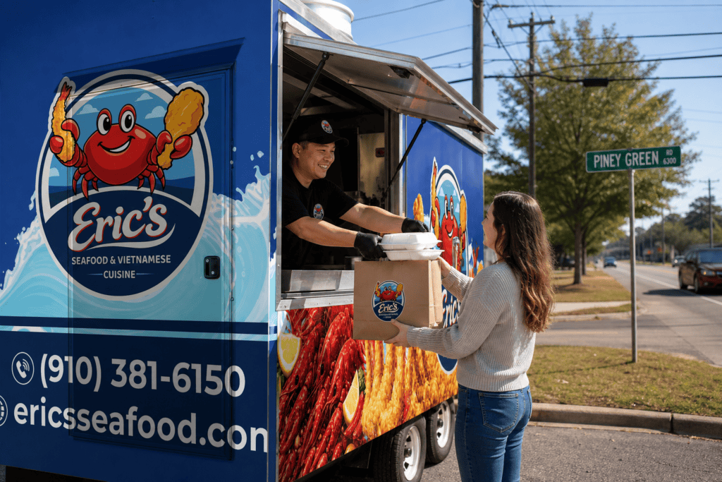Eric’s Seafood food truck pickup scene near Piney Green Road Jacksonville NC