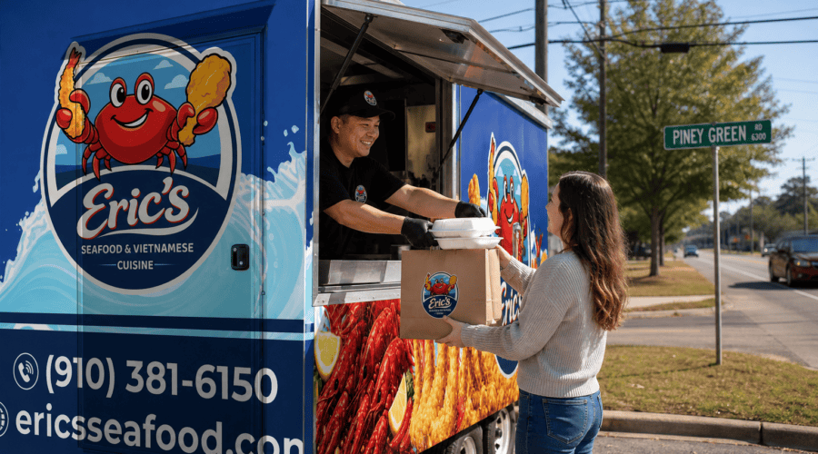 Eric’s Seafood food truck pickup scene near Piney Green Road Jacksonville NC