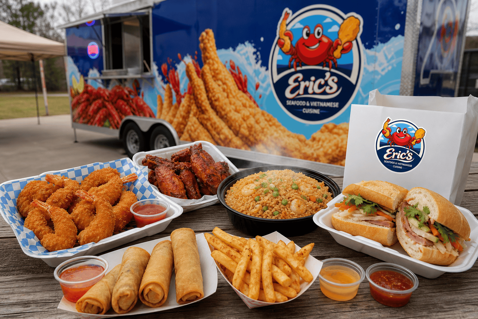 Pickup or Delivery? How to Order from Eric’s Seafood in Jacksonville, NC 2 Seafood wings fried rice and banh mi order from Eric’s Seafood