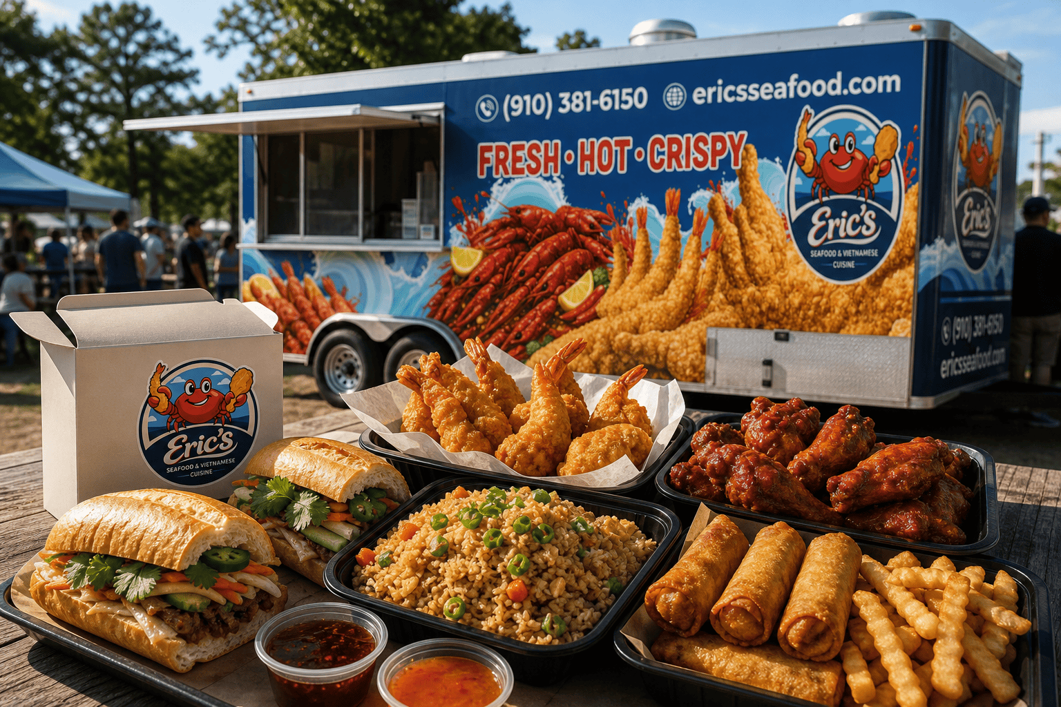 Seafood wings fried rice and egg rolls for Eric’s Seafood group catering in Jacksonville NC