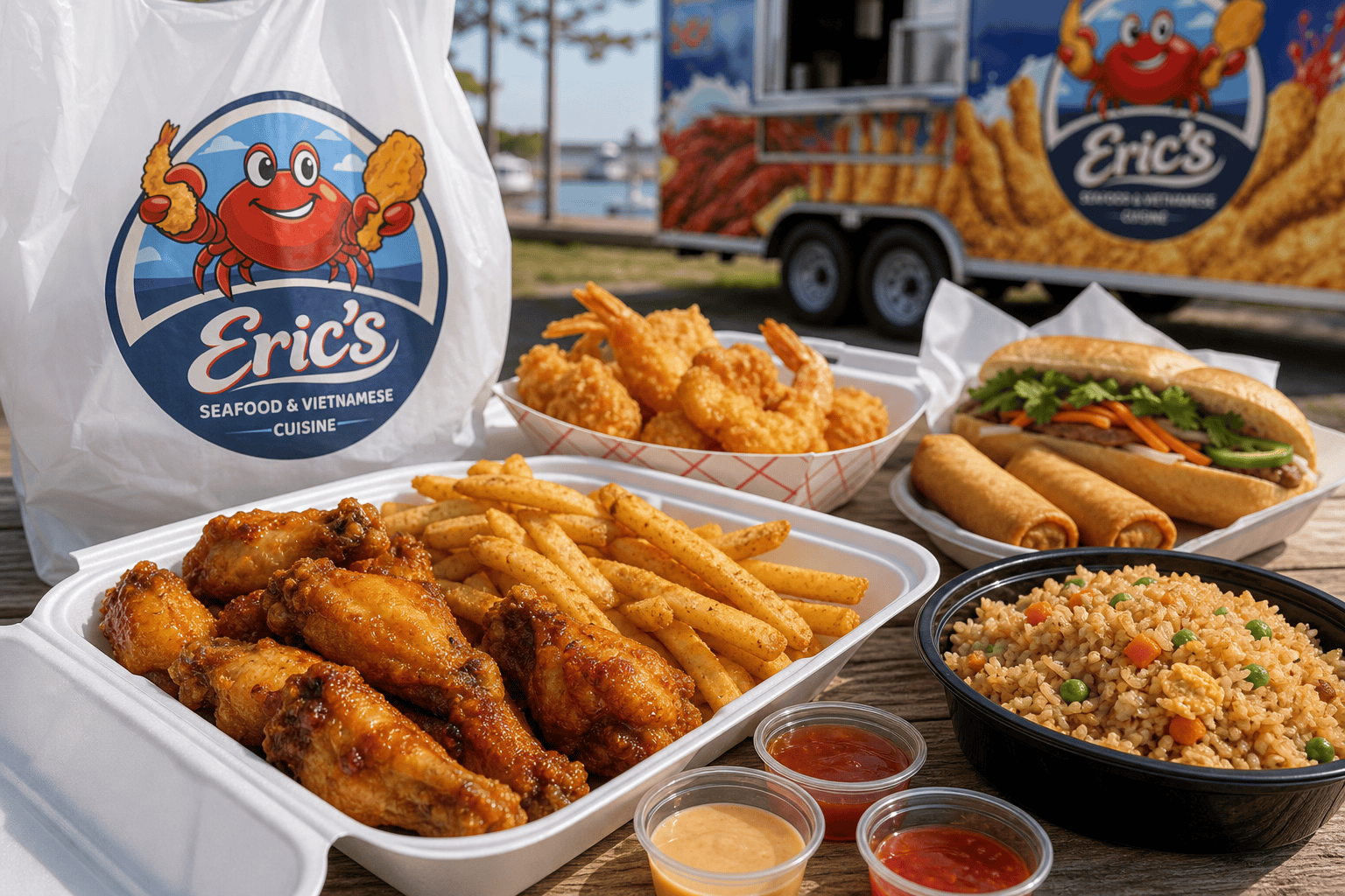 Food Delivery in Jacksonville, NC from Eric’s Seafood 2 Eric’s Seafood food truck meal packed for Jacksonville delivery or pickup