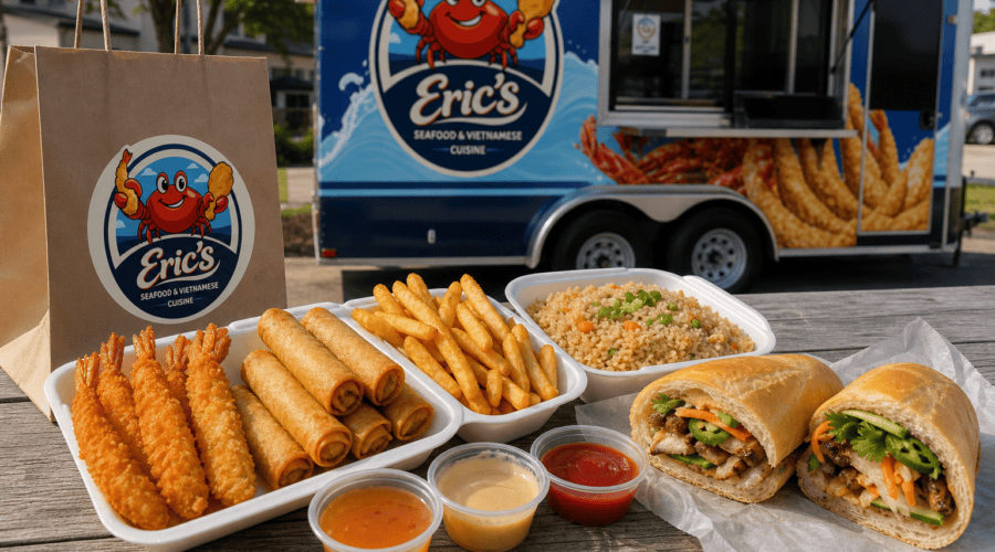 Eric’s Seafood wings and fried rice food truck meal