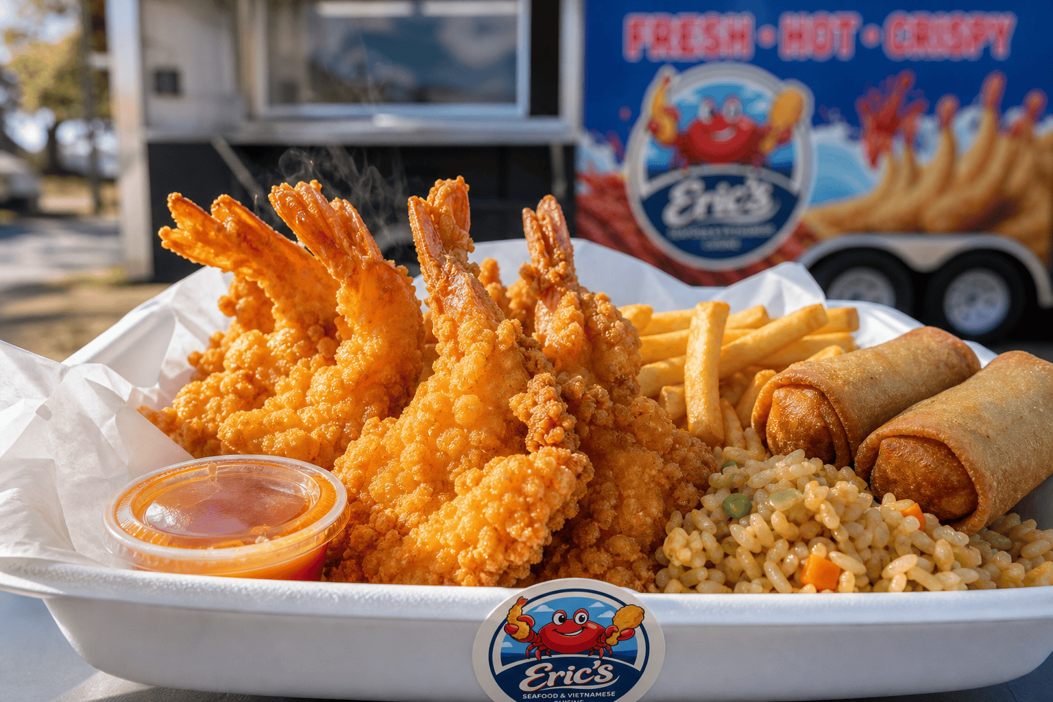 What Makes Fried Seafood Taste Fresh, Crispy, and Made to Order? 2 Crispy fried shrimp and sides from Eric’s Seafood food truck