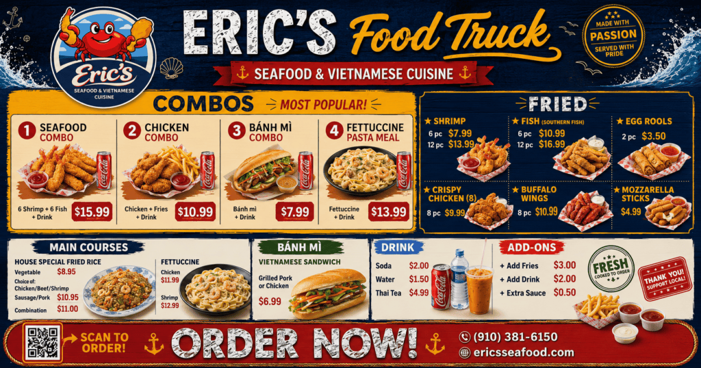 Eric’s Seafood & Vietnamese Cuisine food truck menu and grand opening details in Jacksonville NC
