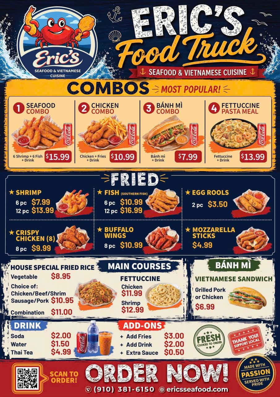 Eric’s Seafood & Vietnamese Cuisine menu with seafood wings bánh mì fried rice and sides