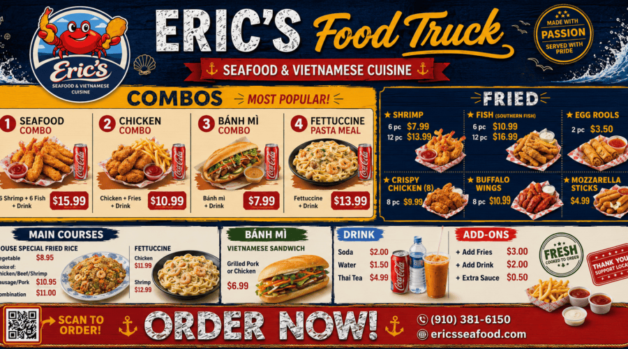 Eric’s Seafood menu highlights with seafood wings banh mi fried rice and sides