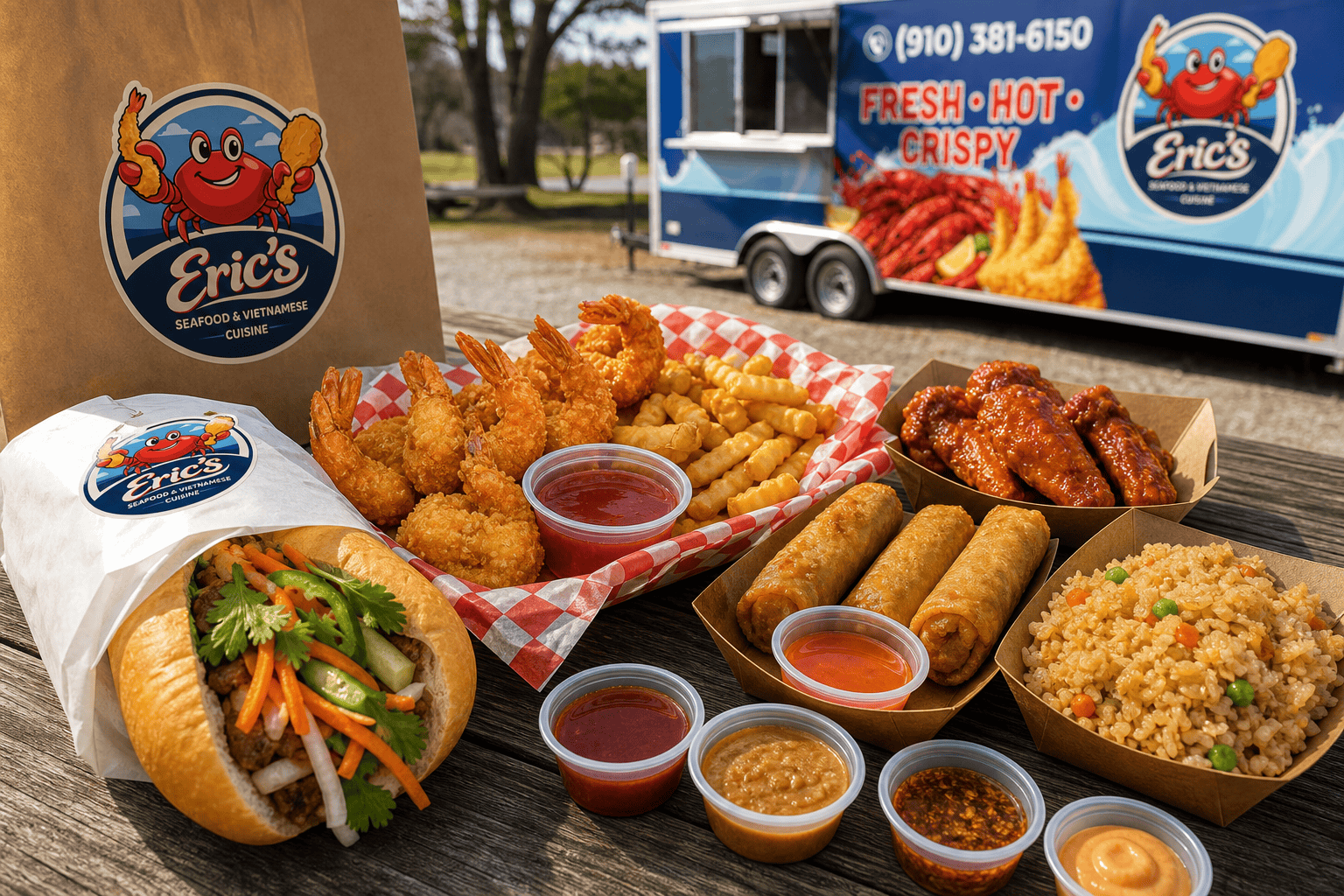 Eric’s Seafood fried seafood order with sides and sauces