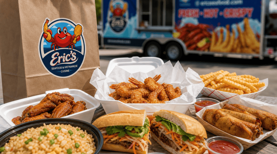 Individual food truck meal with fried shrimp and rice from Eric’s Seafood