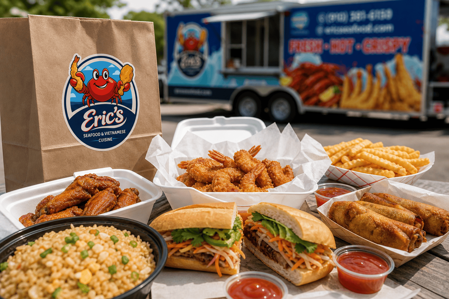 Fried shrimp and fish takeout from a Jacksonville NC food truck