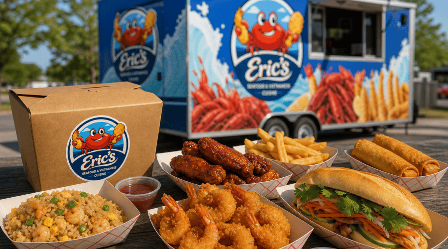 Eric’s Seafood food truck takeout spread near Piney Green Road in Jacksonville NC