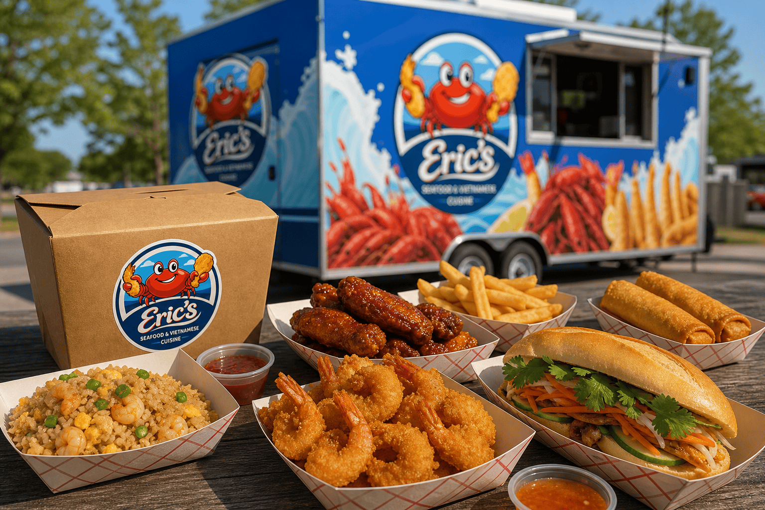 Food Near Piney Green Road: A Jacksonville, NC Food Truck Guide 1 Eric’s Seafood food truck takeout spread near Piney Green Road in Jacksonville NC