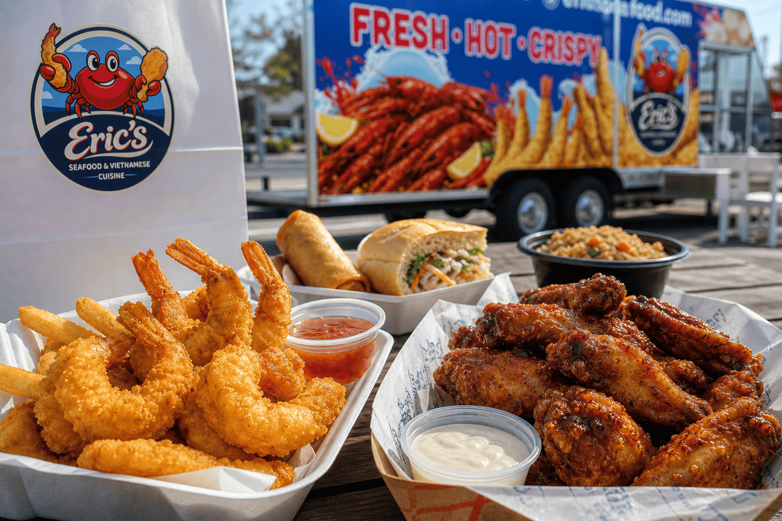 Jacksonville, NC Food Truck Menu Guide: Seafood, Wings, Bánh Mì & Fried Rice 2 Fried seafood and wings from Eric’s Seafood food truck in Jacksonville NC