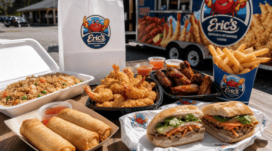 Fried seafood meal from Eric’s Seafood food truck Jacksonville NC