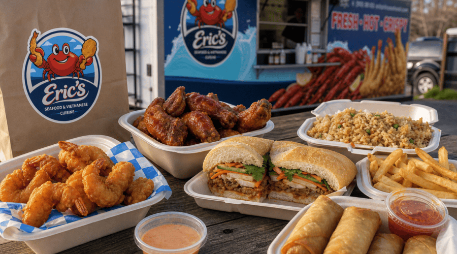 Dinner takeout spread with wings fried rice and seafood from Eric’s Seafood