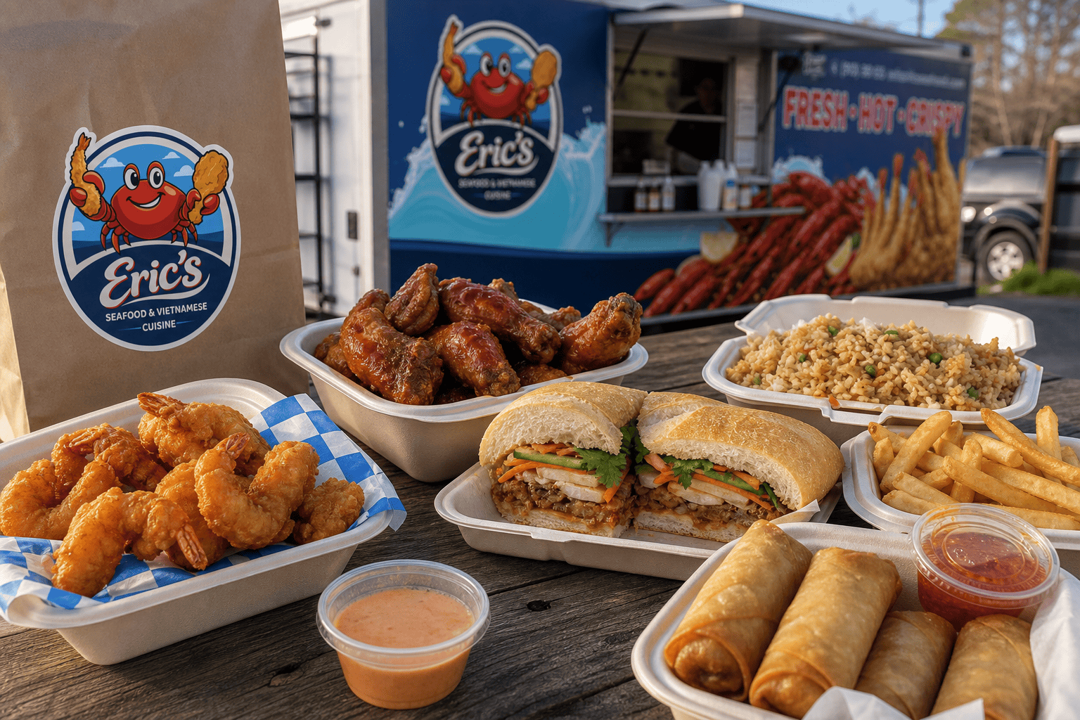 Eric’s Seafood food truck meal with fried seafood wings and Vietnamese favorites