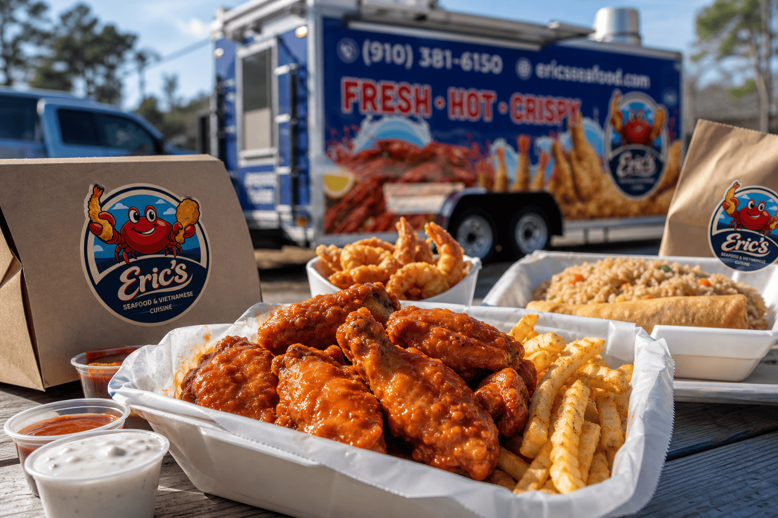 Wings Near Me in Jacksonville, NC: Hot Food Truck Wings Made Fresh 1 Eric’s Seafood food truck image for Wings Near Me in Jacksonville, NC: Hot Food Truck Wings Made Fresh